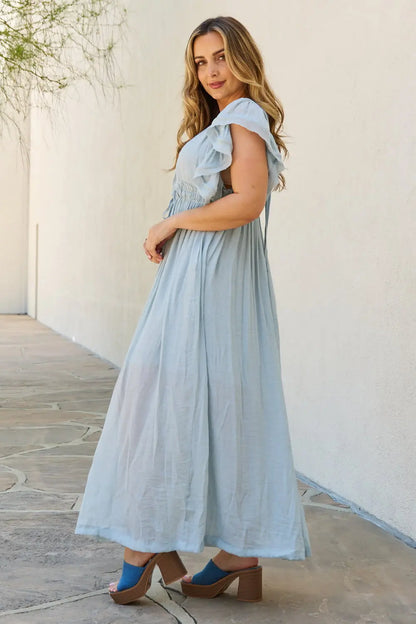 Sweet Lovely By Jen Full Size Drawstring Deep V Butterfly Sleeve Maxi Dress - Hot Trends