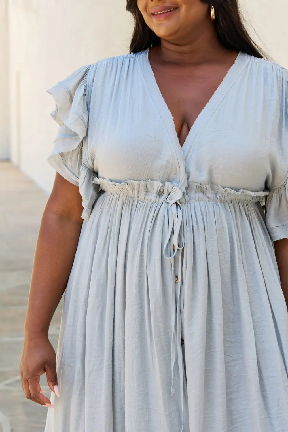 Sweet Lovely By Jen Full Size Drawstring Deep V Butterfly Sleeve Maxi Dress - Hot Trends