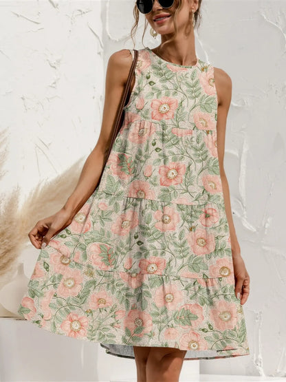 Tiered Printed Round Neck Sleeveless Dress  Hot Trends