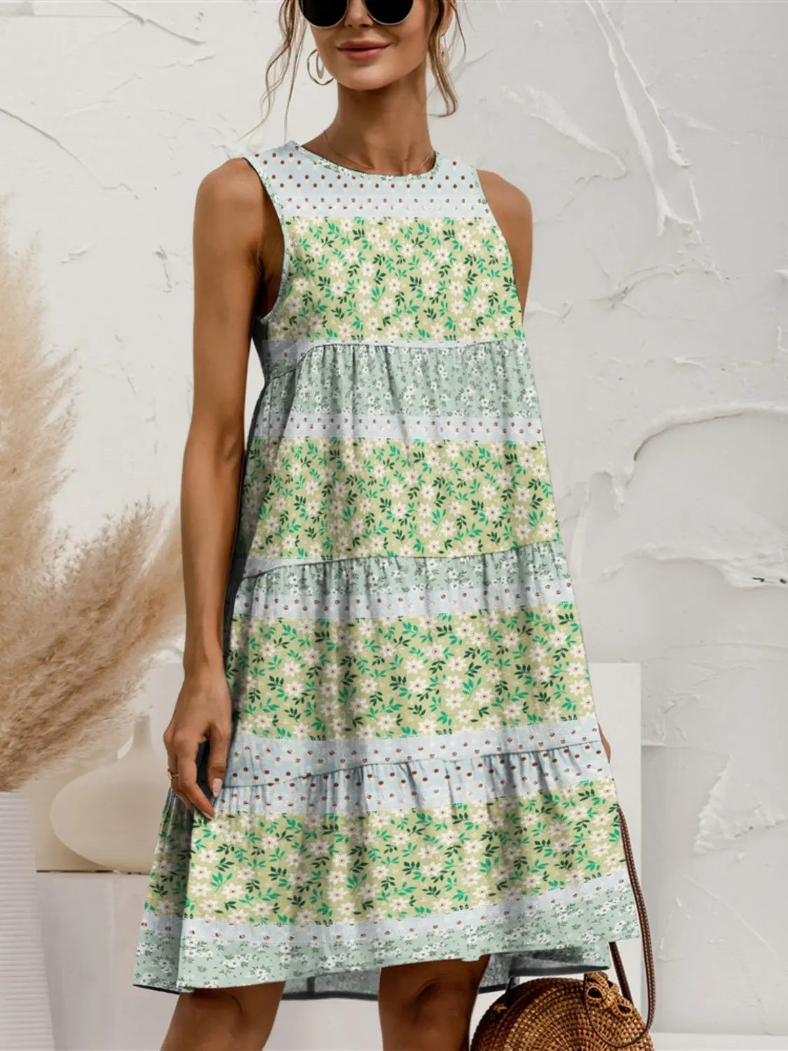 Tiered Printed Round Neck Sleeveless Dress  Hot Trends