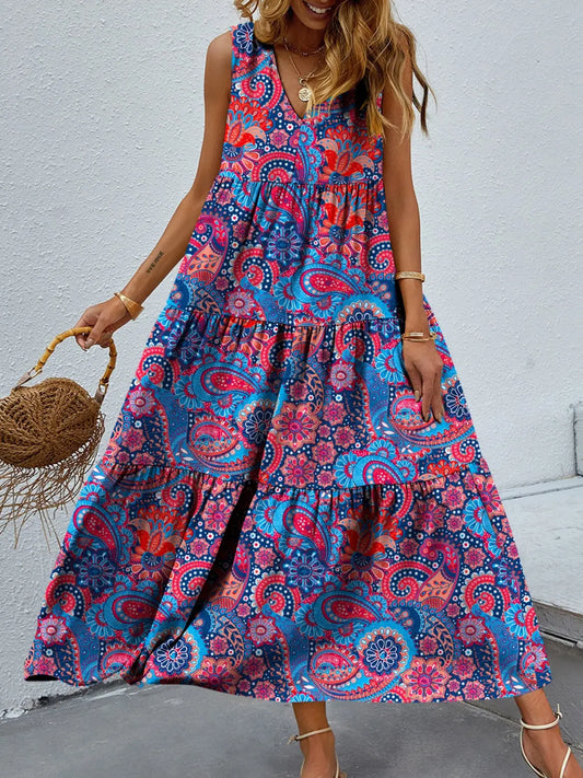 Tiered Printed V-Neck Sleeveless Dress  Hot Trends