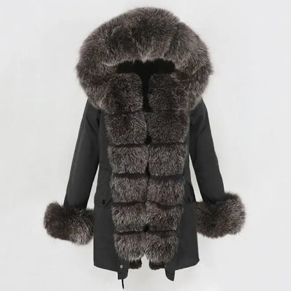 Women Real Fur Hood Coat Natural Real Fur Collar Loose Long Parkas Big Fur Outerwear Detachable - Hot Trends