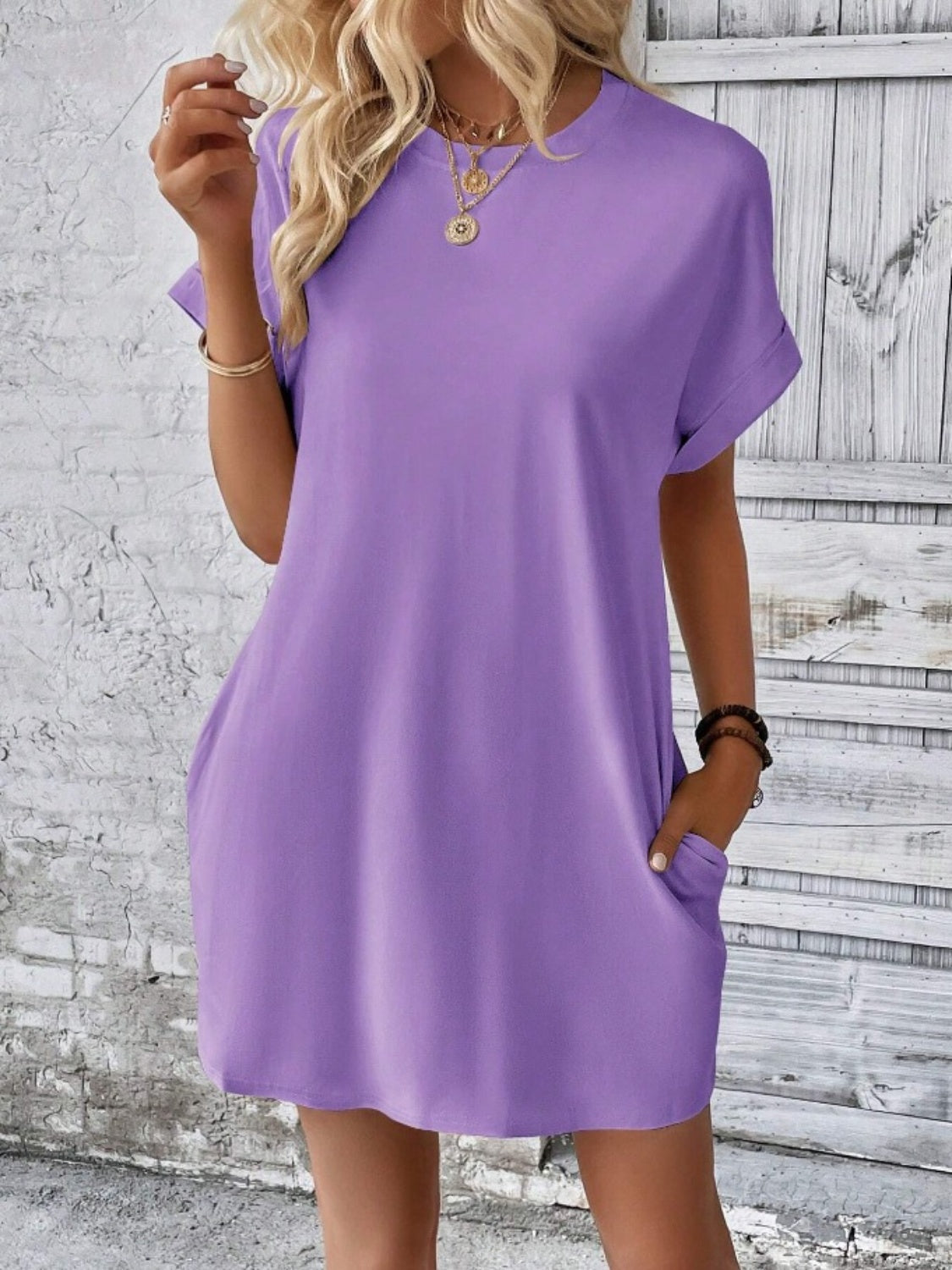 Pocketed Round Neck Short Sleeve Dress  Hot Trends