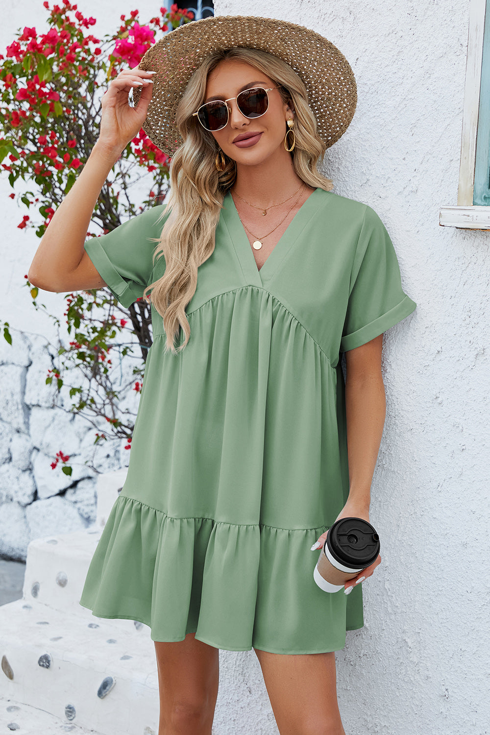 Ruched Tiered V-Neck Short Sleeve Mini Dress  Hot Trends