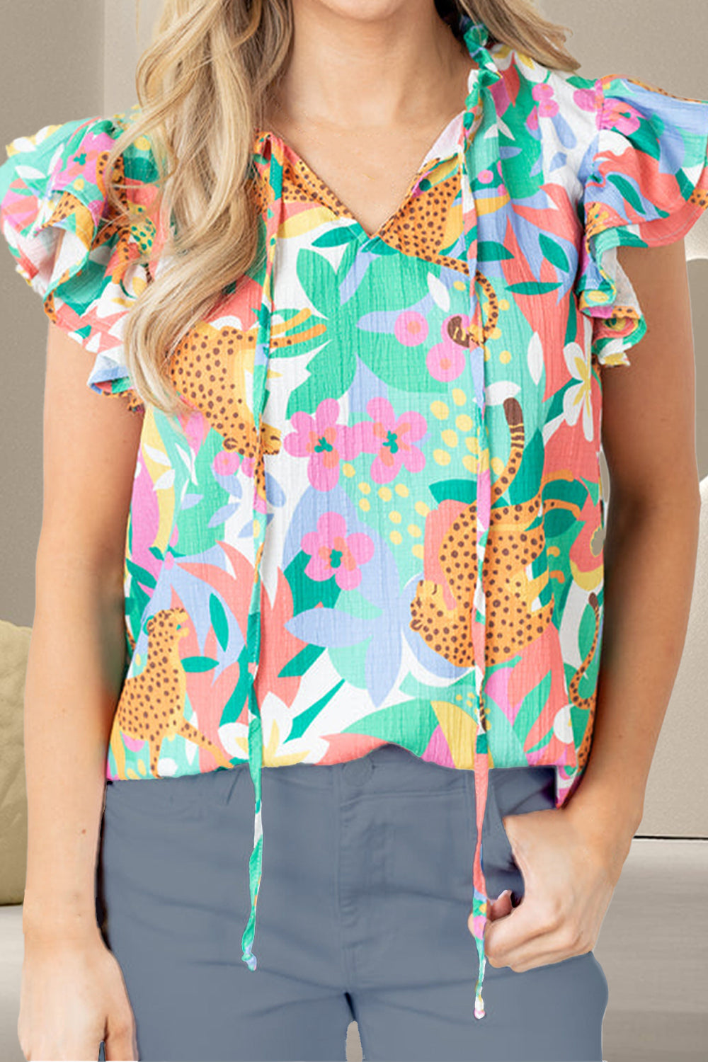 Ruffled Printed Tie Neck Cap Sleeve Blouse  Hot Trends