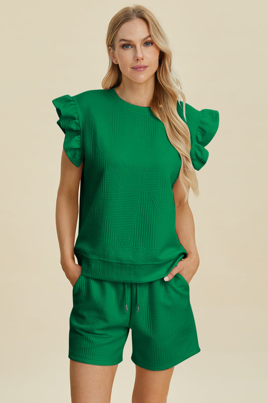 Double Take Full Size Texture Round Neck Ruffle Sleeve Top and Shorts Set - Hot Trends Online