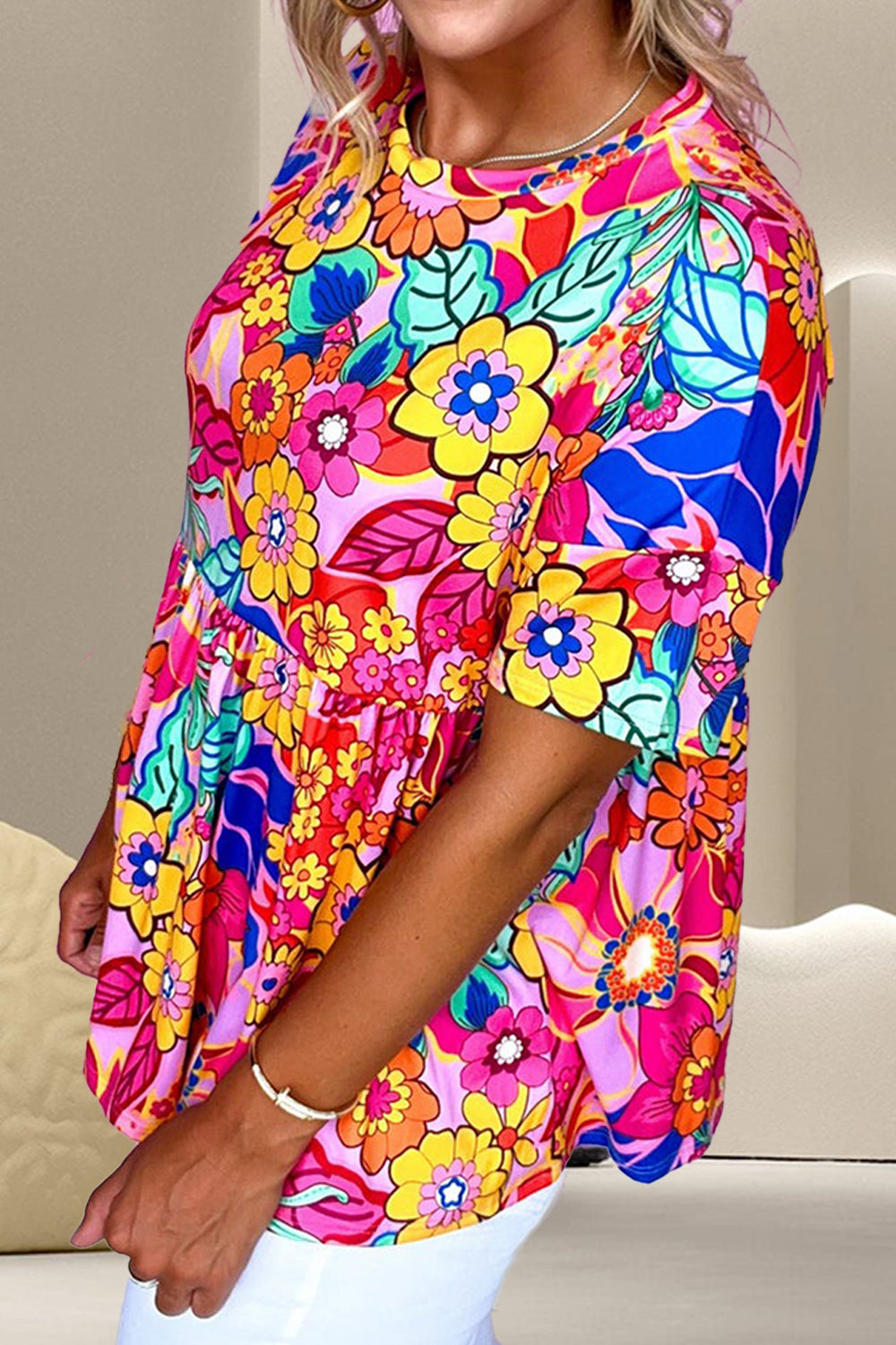 Printed Round Neck Short Sleeve Blouse  Hot Trends