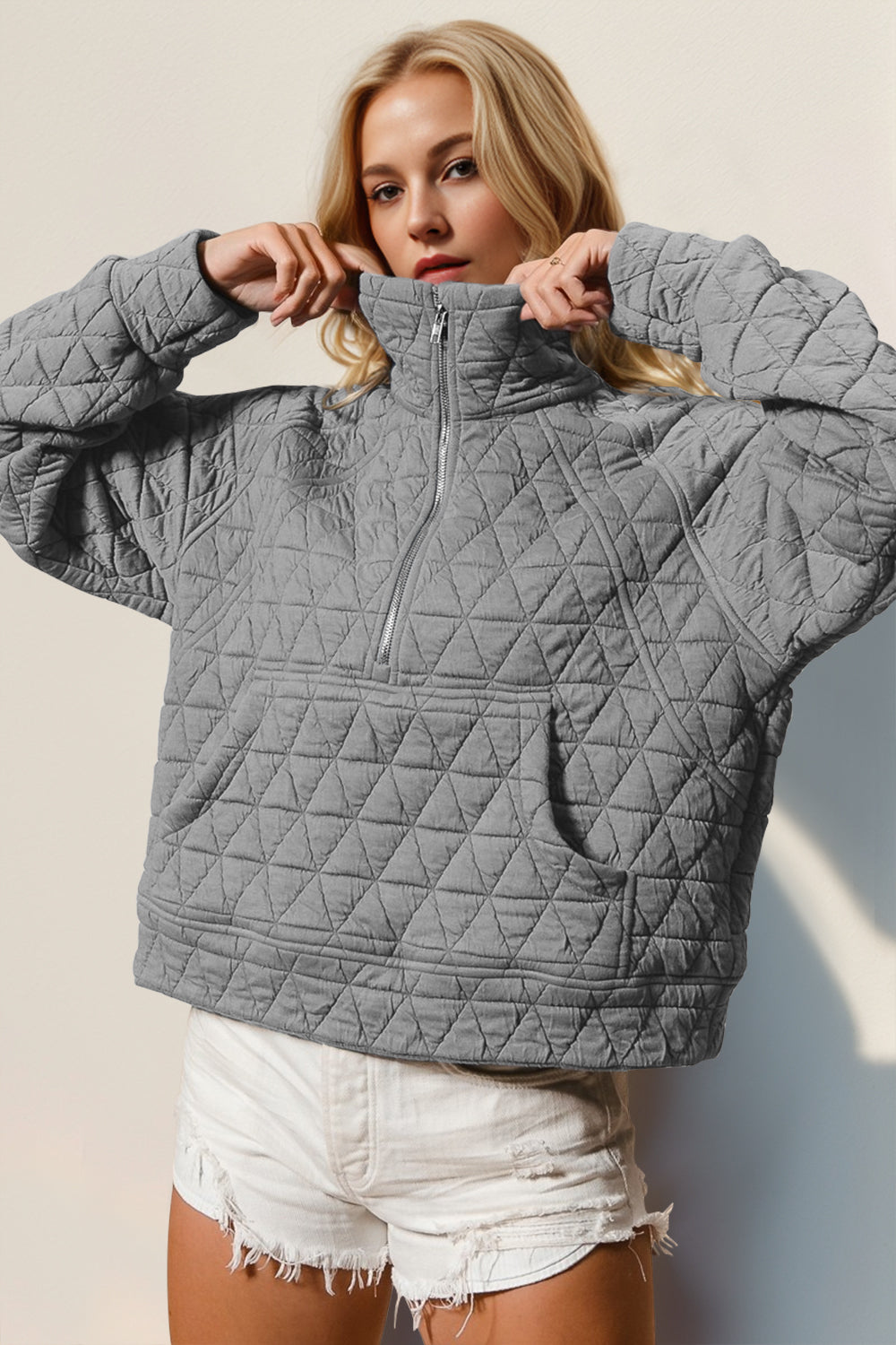 Double Take Half Zip Long Sleeve Quilted Sweatshirt with Pocket - Hot Trends Online