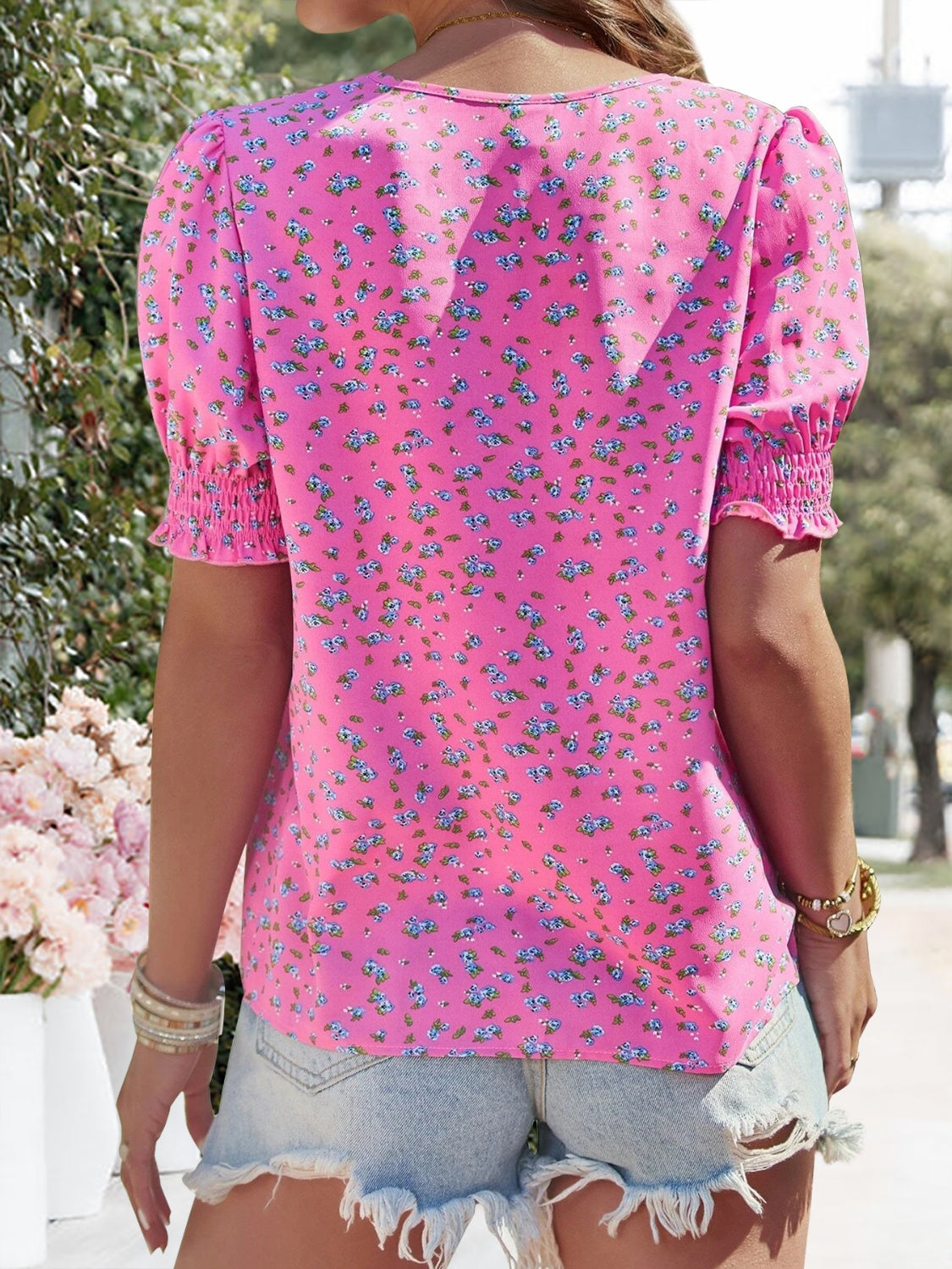 Printed V-Neck Short Sleeve Blouse  Hot Trends