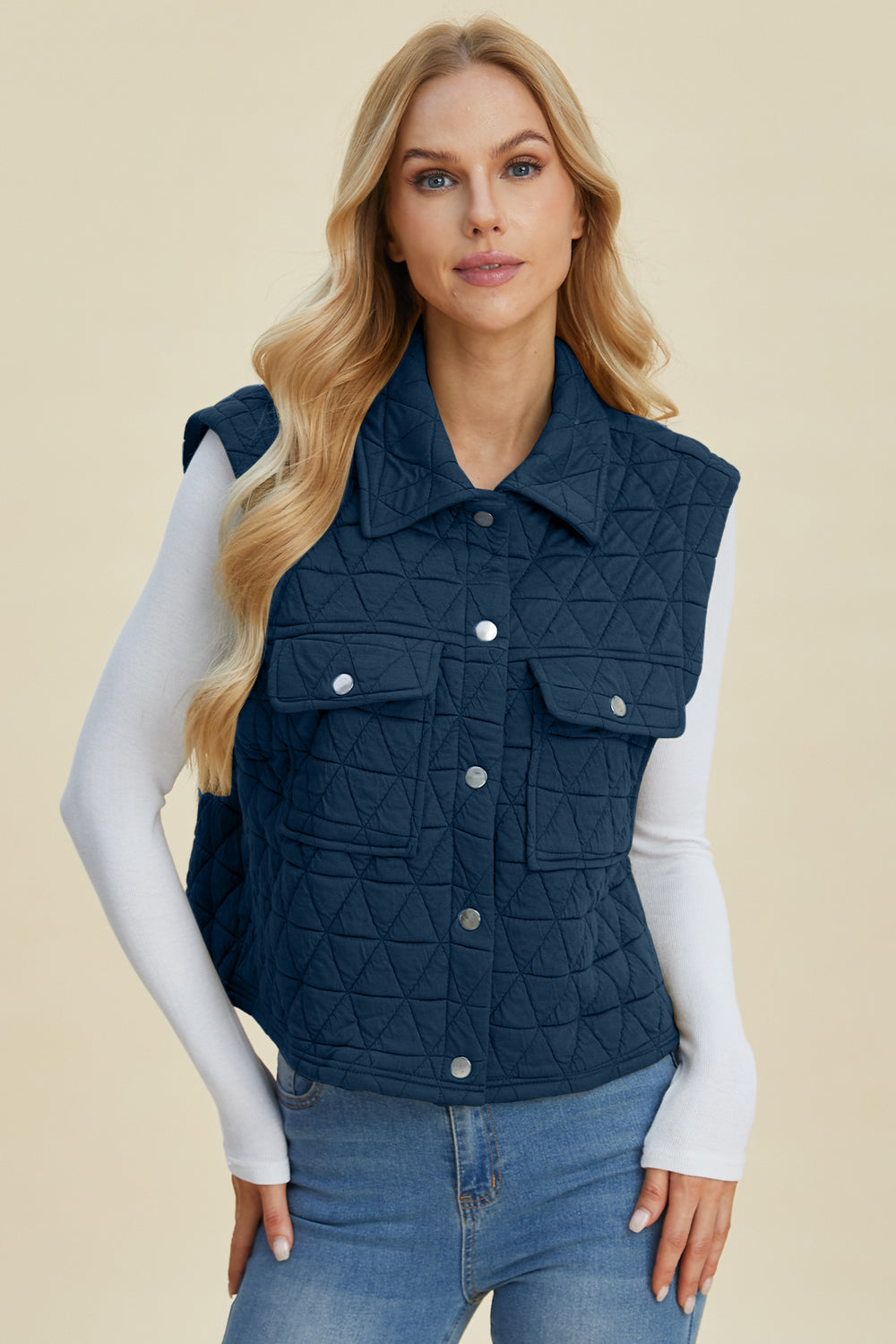 Double Take Full Size Pocketed Texture Snap Down Vest Coat - Hot Trends Online