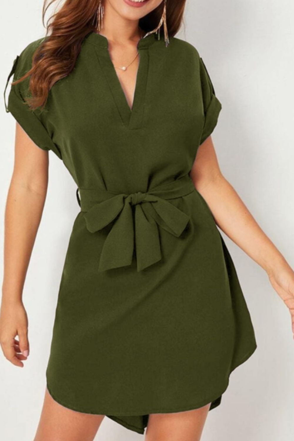 Tied Notched Short Sleeve Dress  Hot Trends