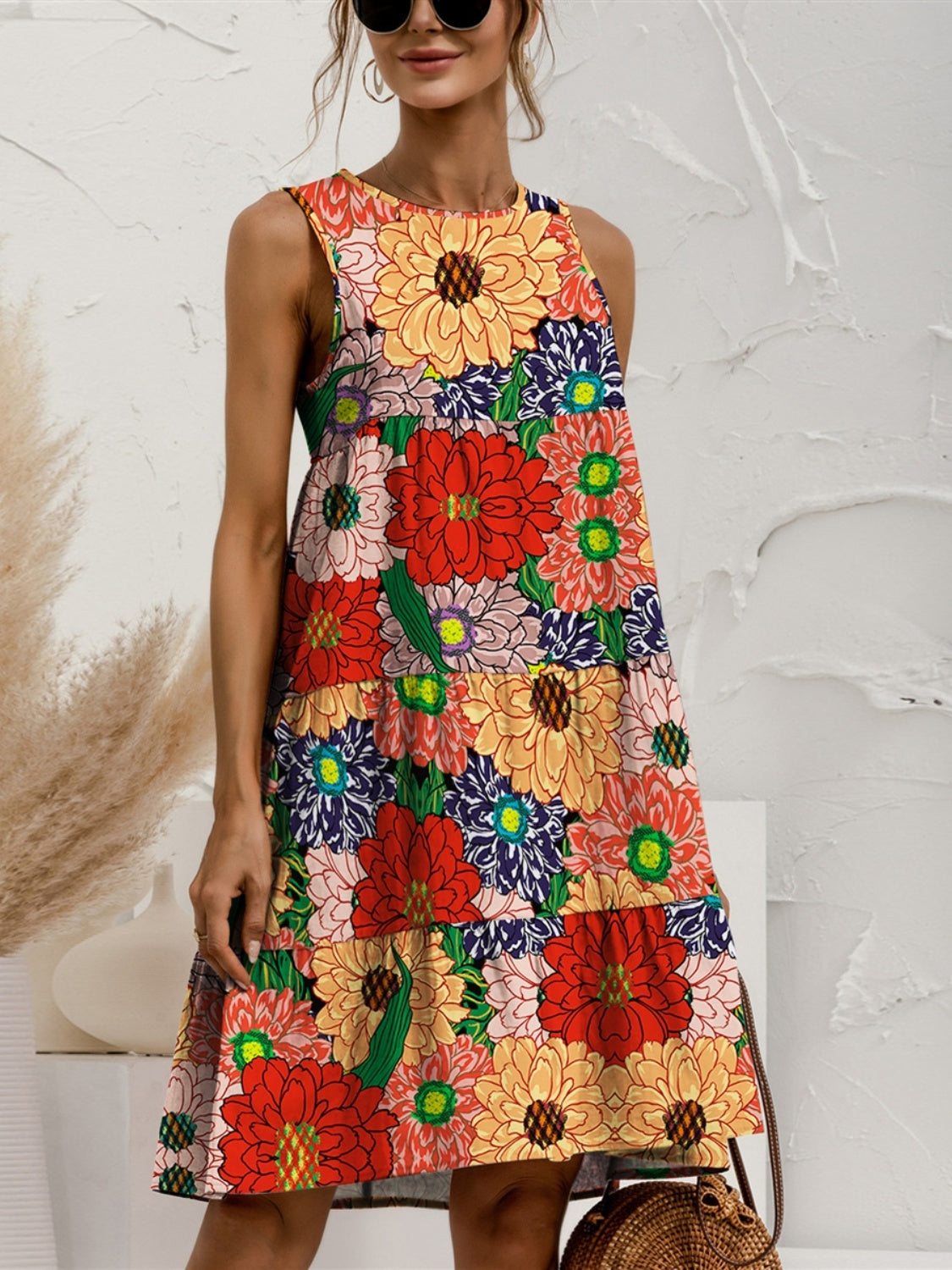 Tiered Printed Round Neck Sleeveless Dress - Hot Trends Online