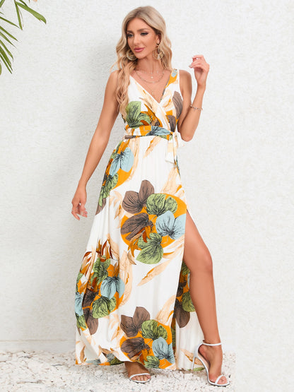 Slit Tied Printed Surplice Dress  Hot Trends