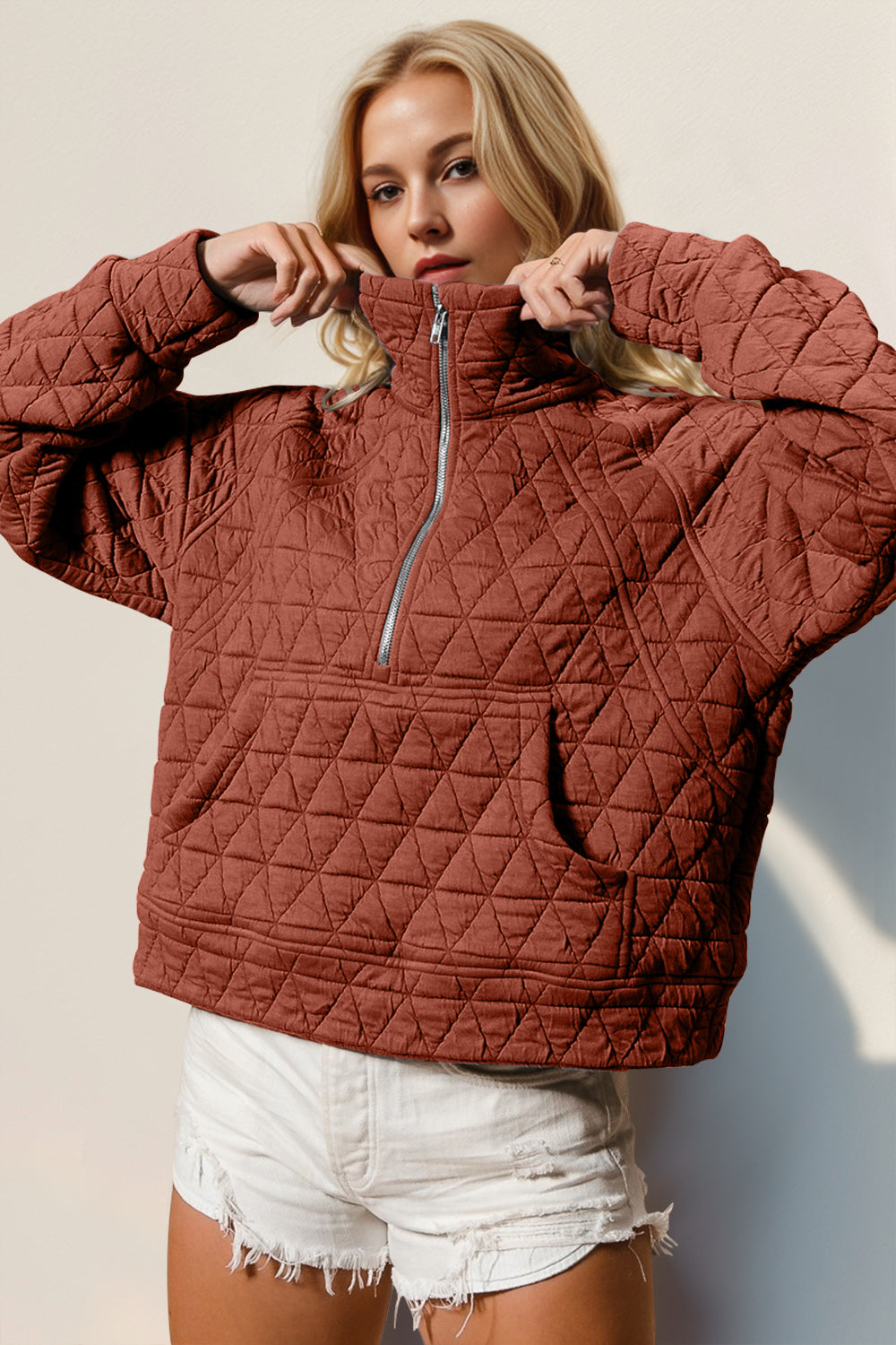 Double Take Half Zip Long Sleeve Quilted Sweatshirt with Pocket - Hot Trends Online