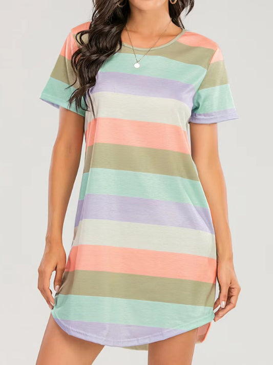 Striped Round Neck Short Sleeve Tee Dress  Hot Trends