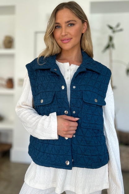 Double Take Full Size Pocketed Texture Snap Down Vest Coat - Hot Trends Online