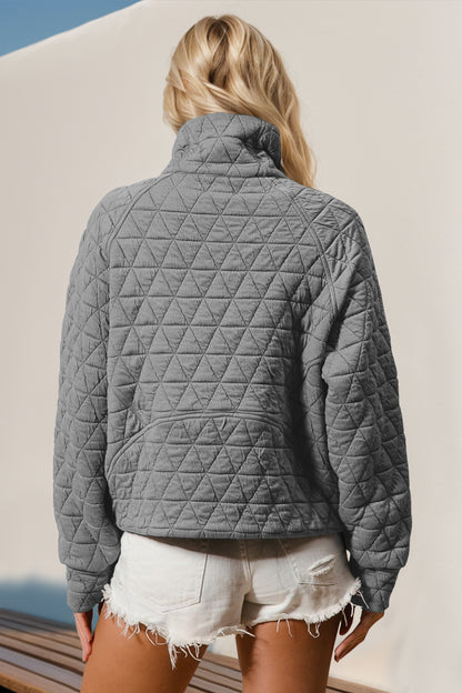 Double Take Half Zip Long Sleeve Quilted Sweatshirt with Pocket - Hot Trends Online