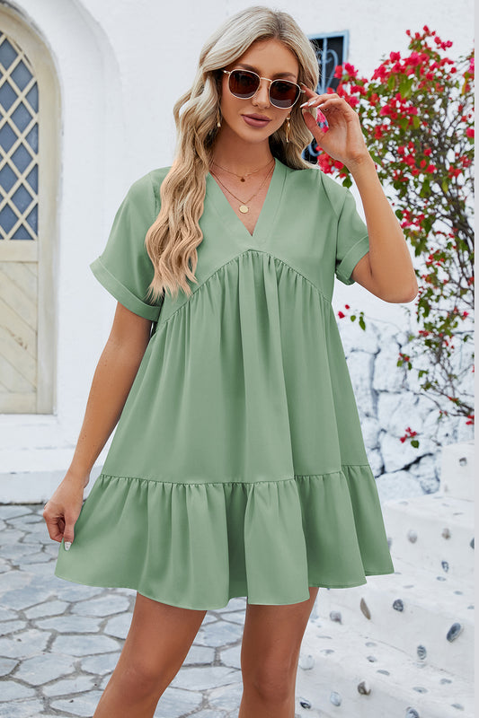 Ruched Tiered V-Neck Short Sleeve Mini Dress  Hot Trends