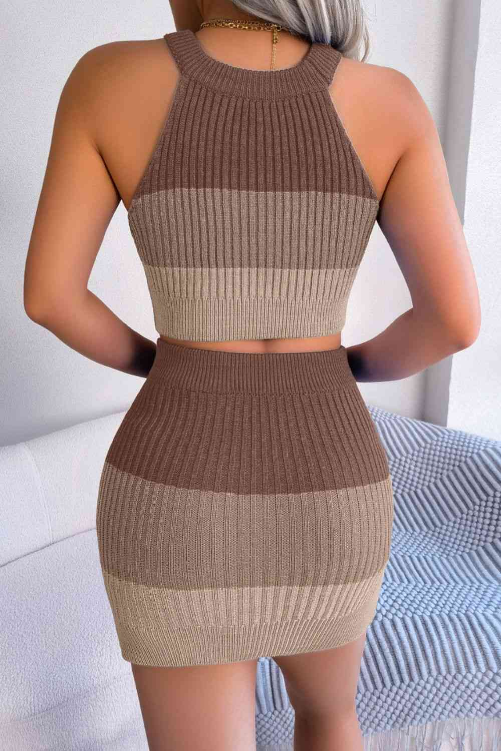 Color Block Sleeveless Crop Knit Top and Skirt Set  Hot Trends