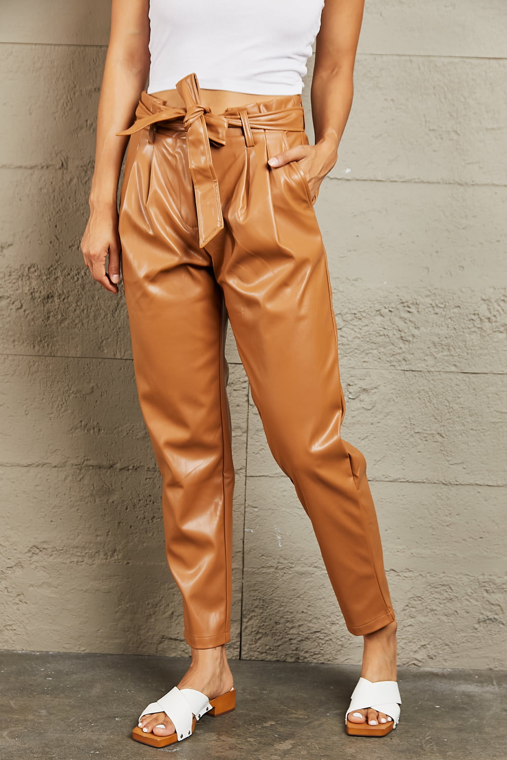 HEYSON Powerful You Full Size Faux Leather Paperbag Waist Pants Trendsi