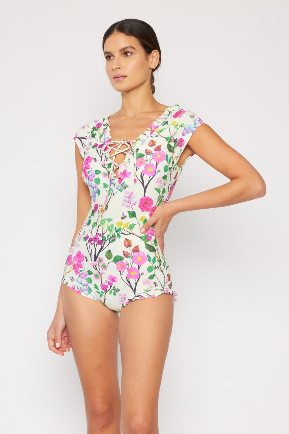 Marina West Swim Bring Me Flowers V-Neck One Piece Swimsuit Cherry Blossom Cream Trendsi