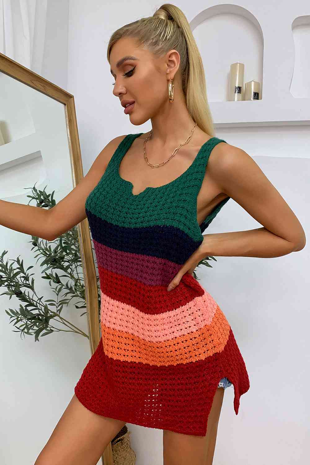 Color Block Notched Neck Slit Sweater Dress Trendsi