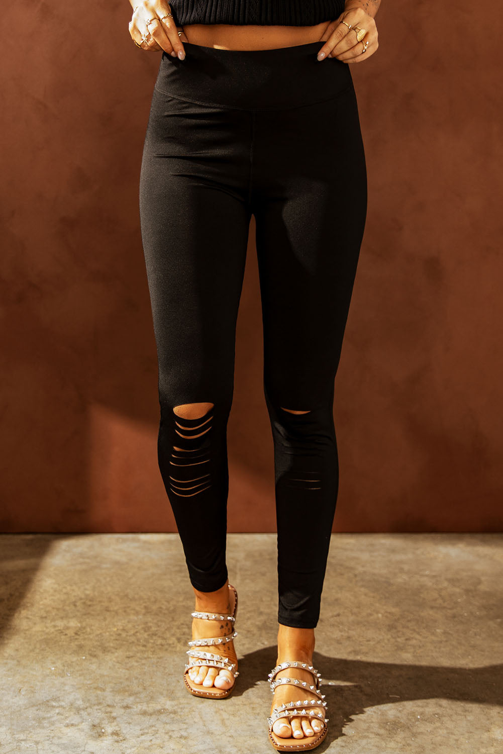 Double Take Wide Waistband Distressed Slim Fit Leggings Trendsi