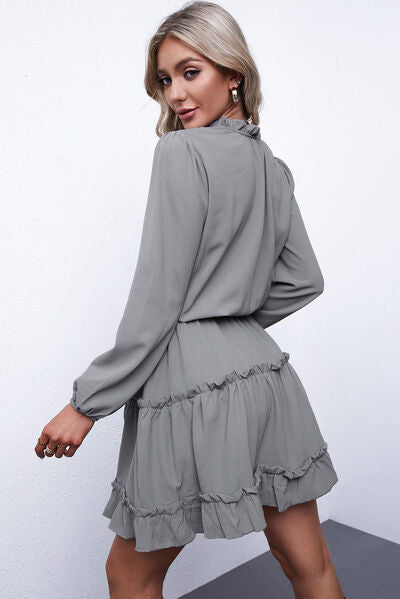 Frill Tie Neck Balloon Long Sleeve Casual Dress for women  Hot Trends