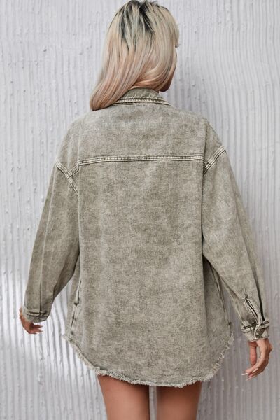 Button Up Pocketed Raw Hem Denim Jacket  Hot Trends