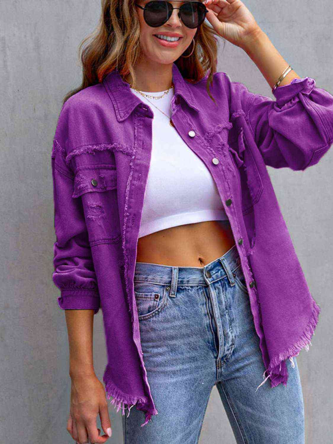 Distressed Drop Shoulder Denim Jacket  Hot Trends