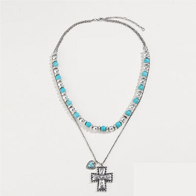 Artificial Turquoise Beaded Double-Layered Cross Necklace Trendsi