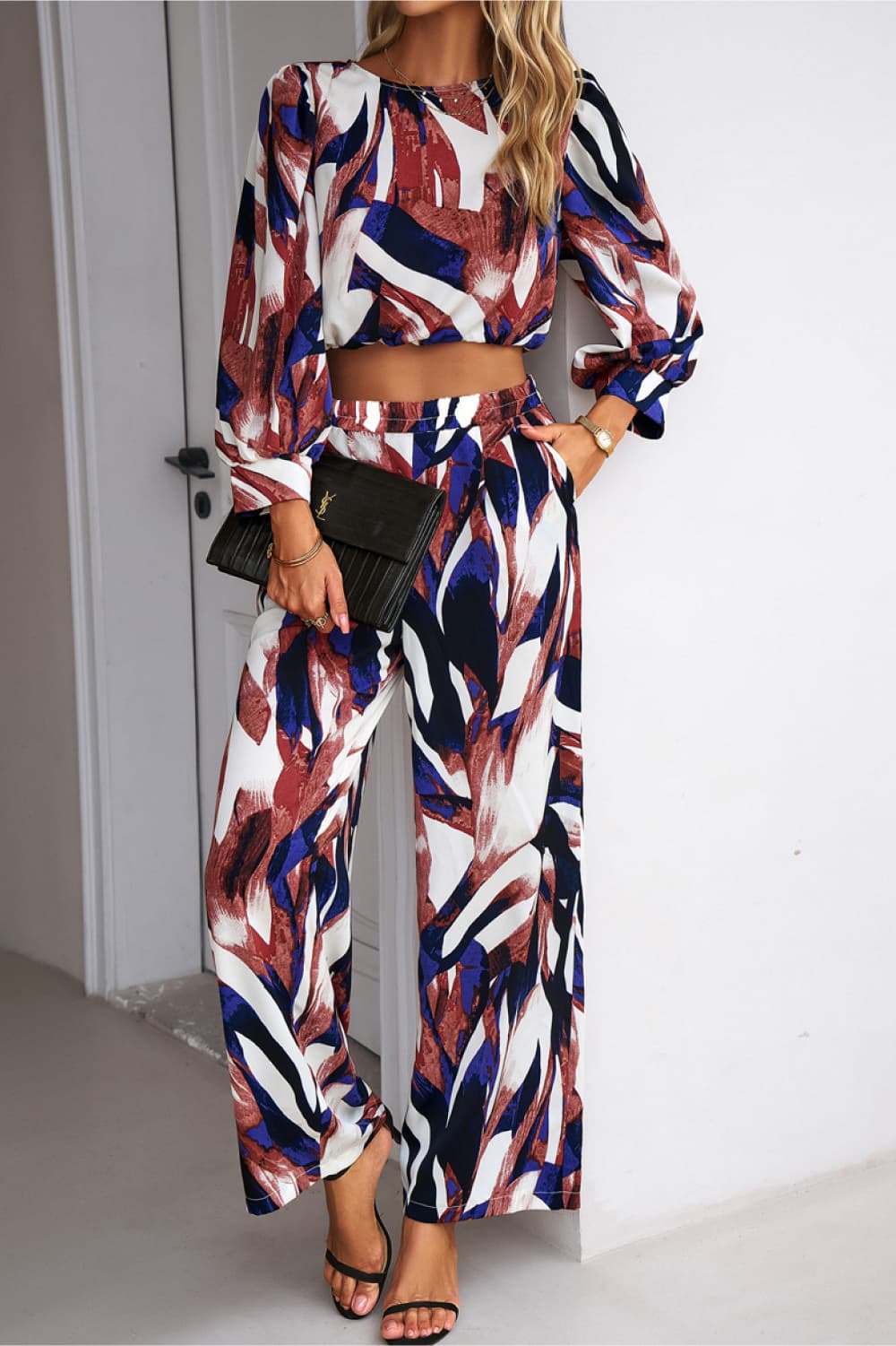 Printed Cropped Top and Pants Set Trendsi