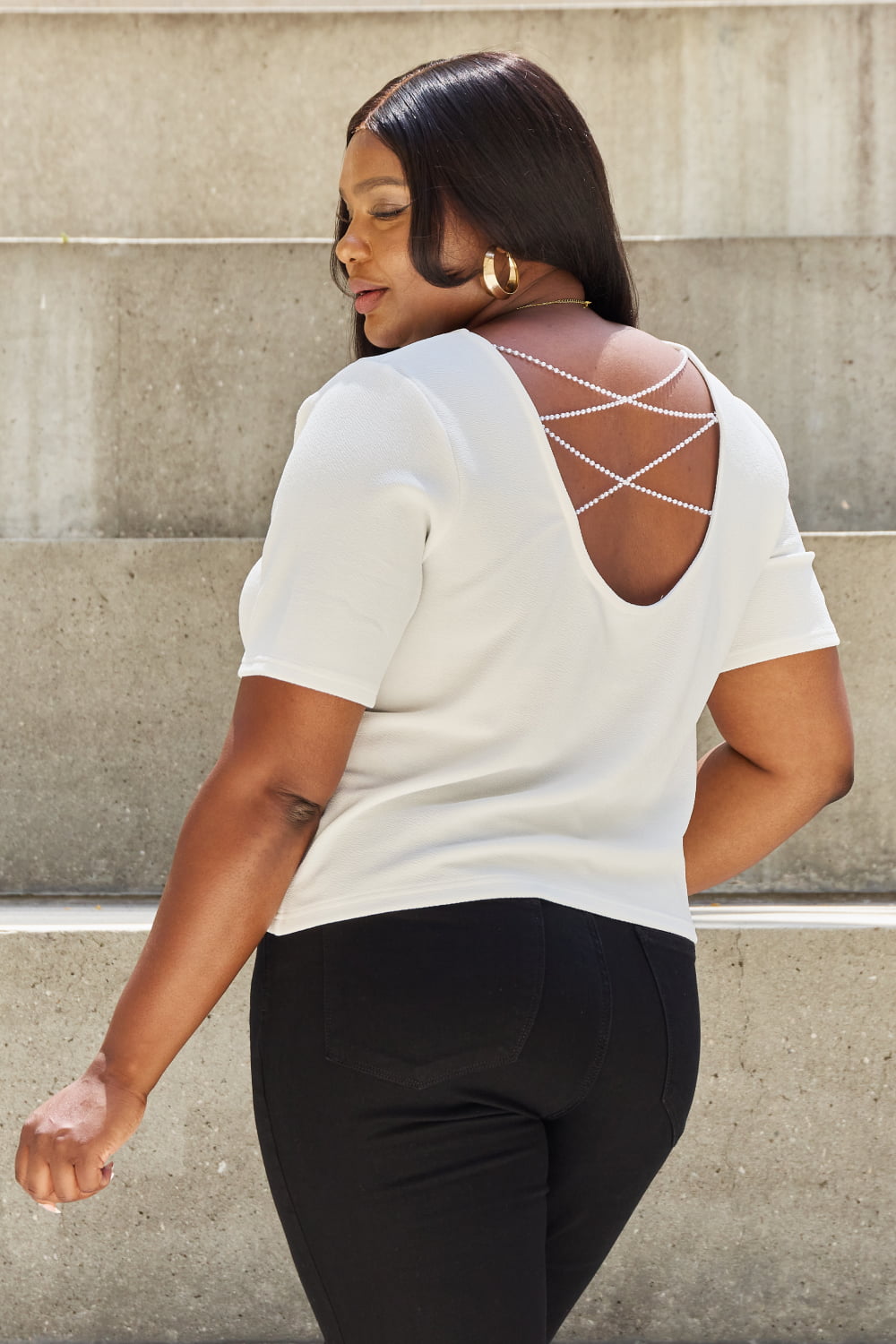 And The Why Pearly White Full Size Criss Cross Pearl Detail Open Back T-Shirt Trendsi