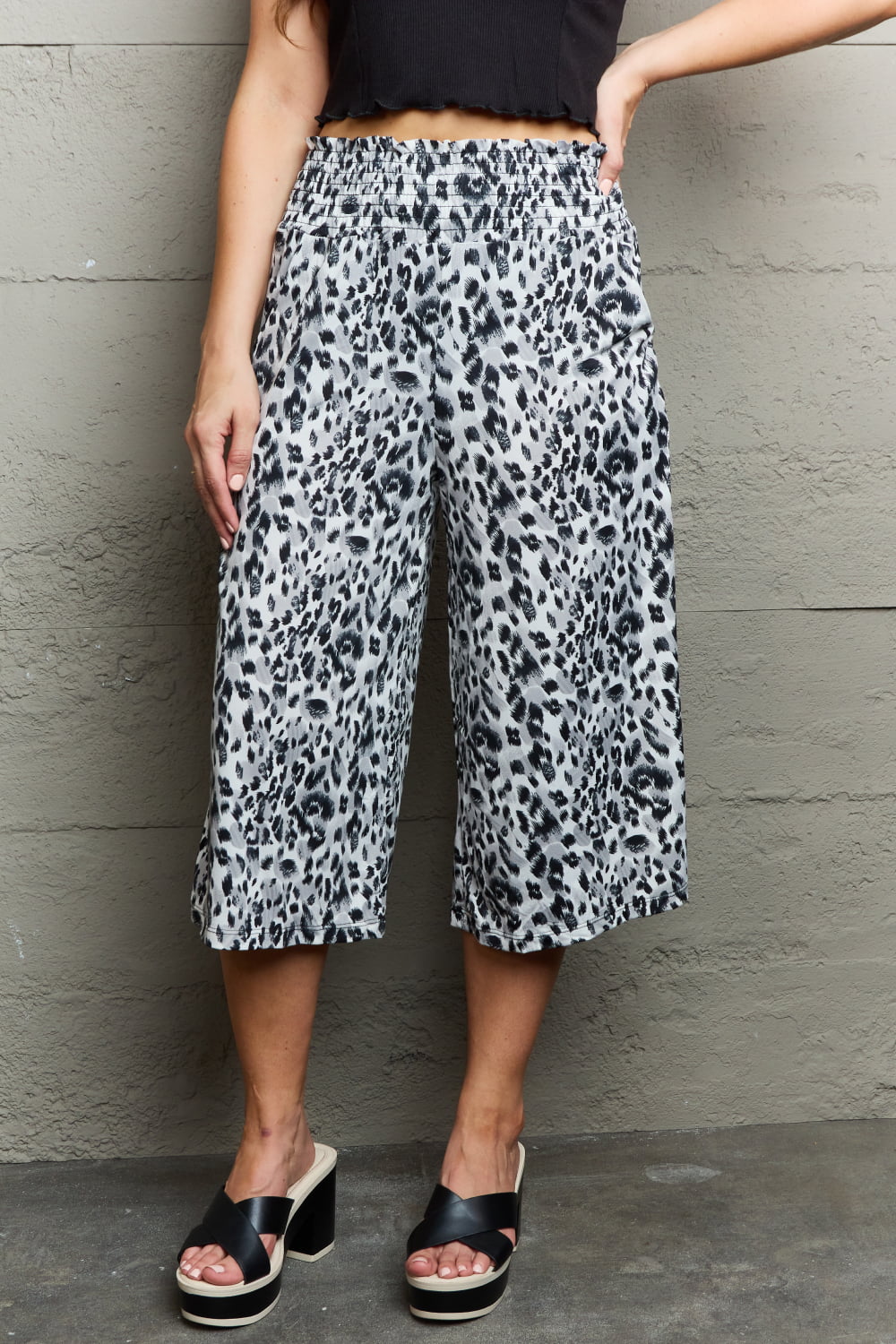 Ninexis Leopard High Waist Flowy Wide Leg Pants with Pockets Trendsi
