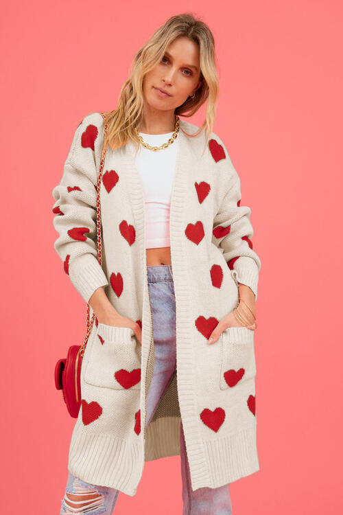Heart Graphic Open Front Cardigan with Pockets | Hot Trends Online