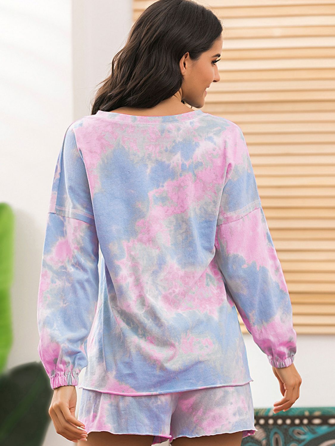 Tie-Dye Long Sleeve Top and Shorts Lounge Set Trendsi