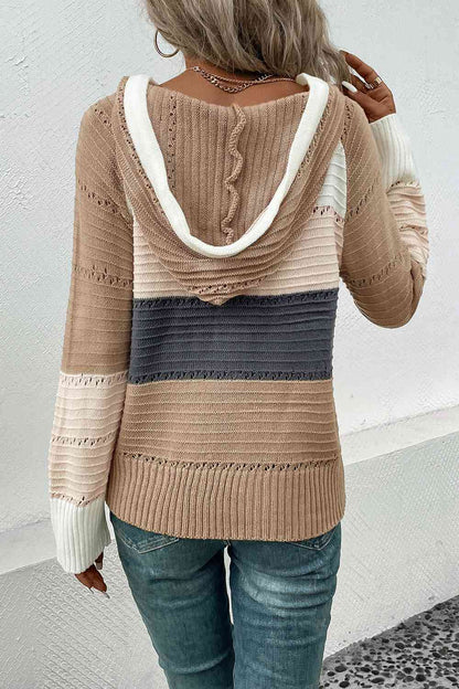 Color Block Drawstring Hooded Sweater Trendsi
