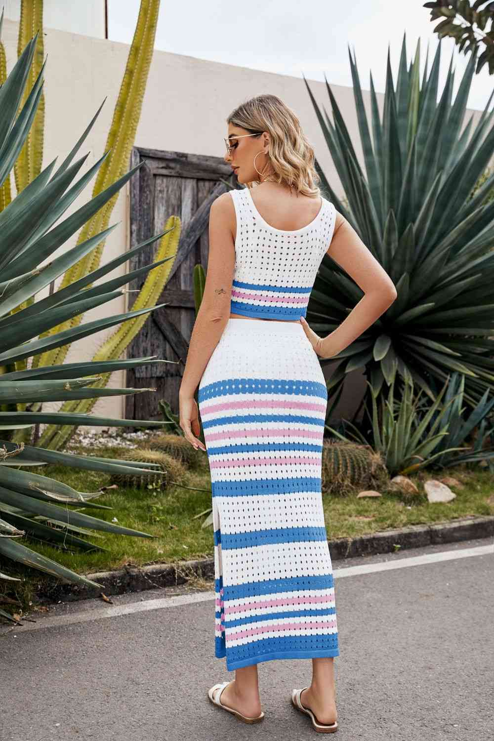 Striped Openwork Cropped Tank and Split Skirt Set  Hot Trends