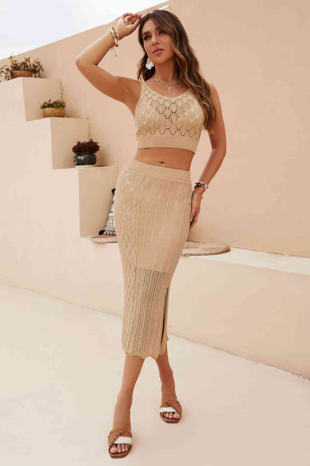 Openwork Cropped Tank and Split Skirt Set  Hot Trends