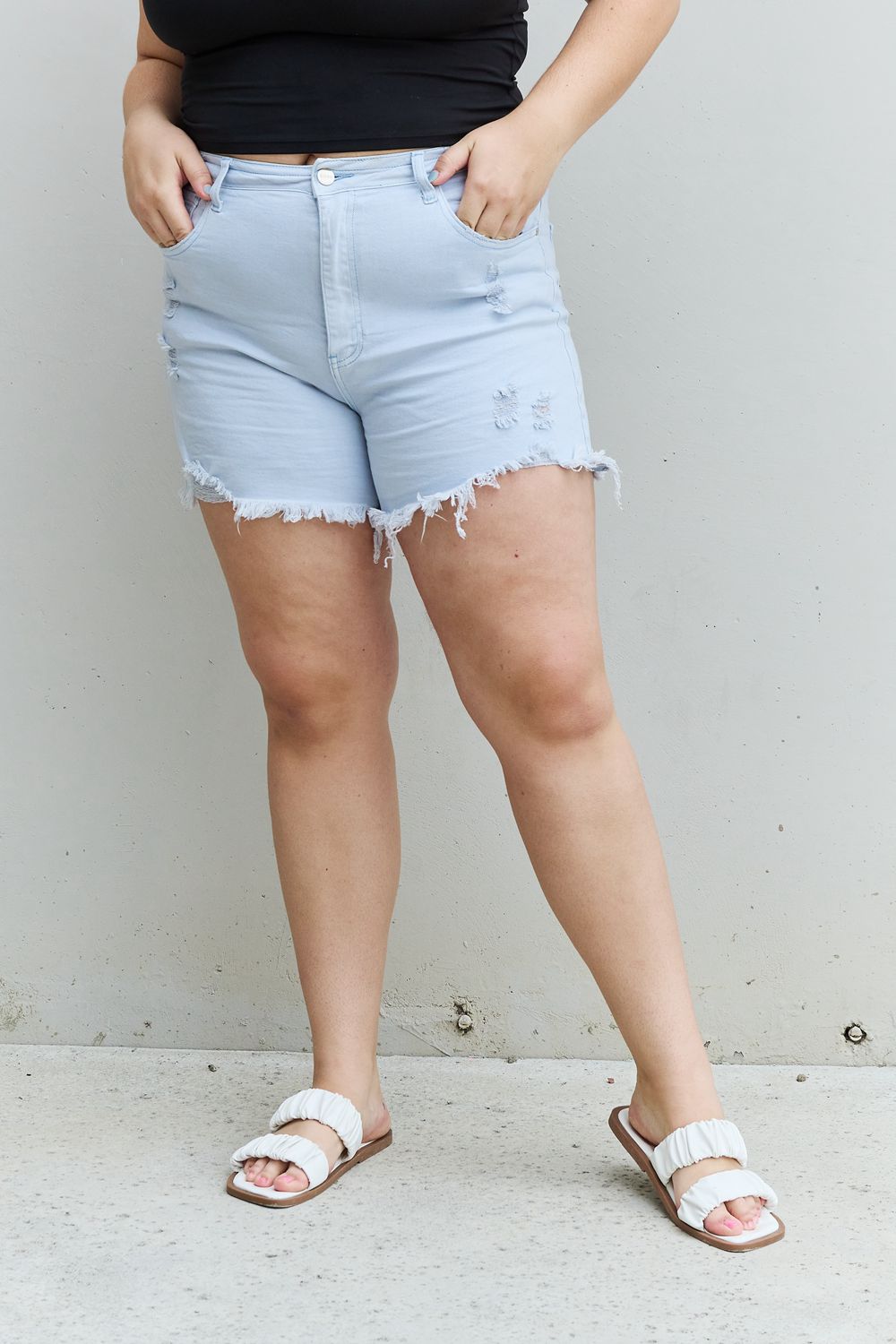 RISEN Katie Full Size High Waisted Distressed Shorts in Ice Blue Trendsi
