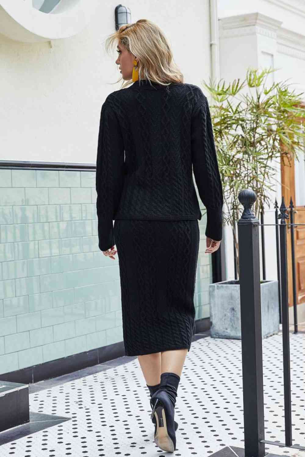 Mixed Knit V-Neck Cardigan and Knit Skirt Set  Hot Trends