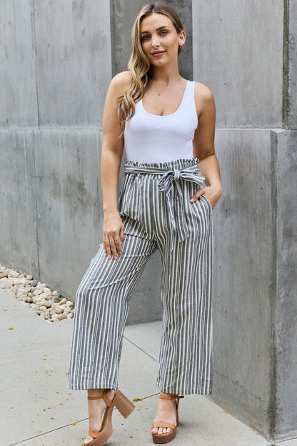 Heimish Find Your Path Full Size Paperbag Waist Striped Culotte Pants Trendsi