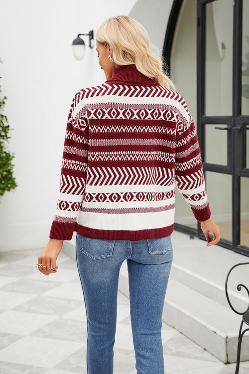 Geometric Turtleneck Long Sleeve Sweater Trendsi