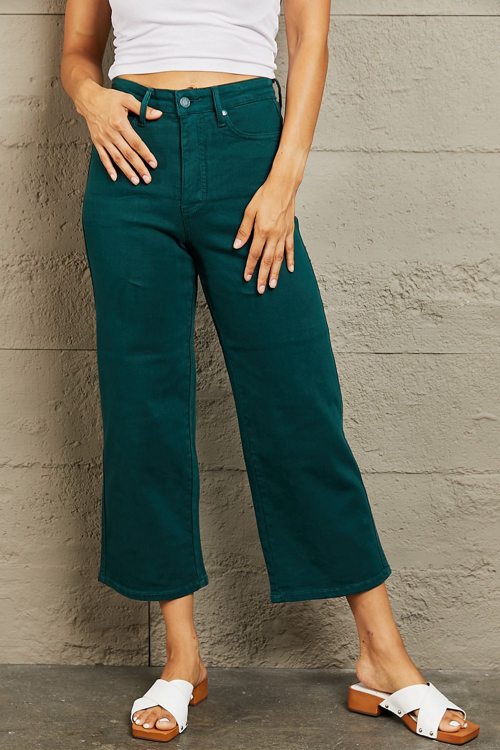 Judy Blue Hailey Full Size Tummy Control High Waisted Cropped Wide Leg Jeans Trendsi