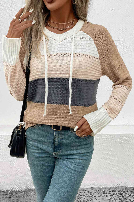 Color Block Drawstring Hooded Sweater Trendsi