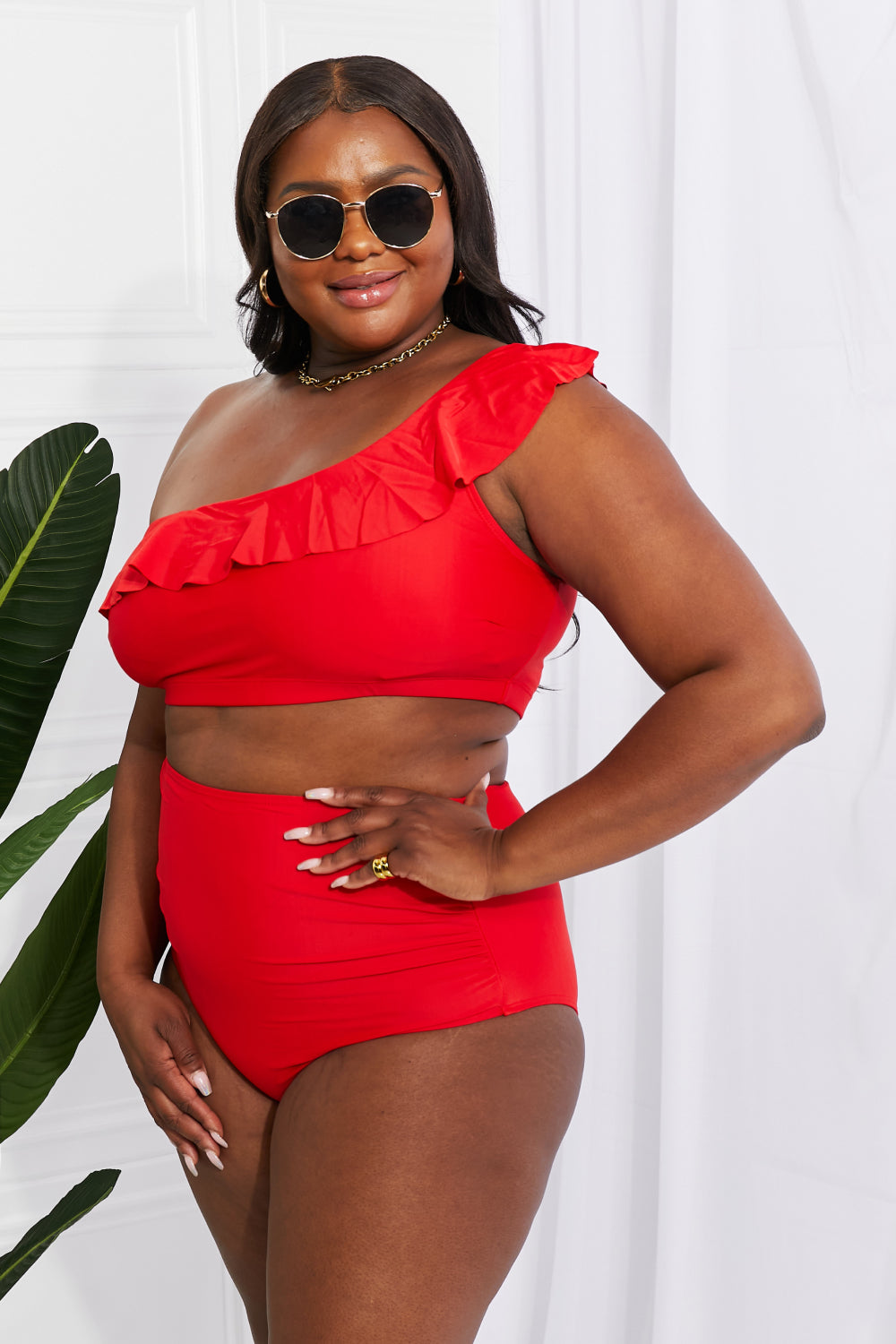 Marina West Swim Seaside Romance Ruffle One-Shoulder Bikini in Red Trendsi