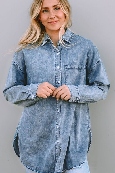 Button Up Dropped Shoulder Denim Top  Hot Trends