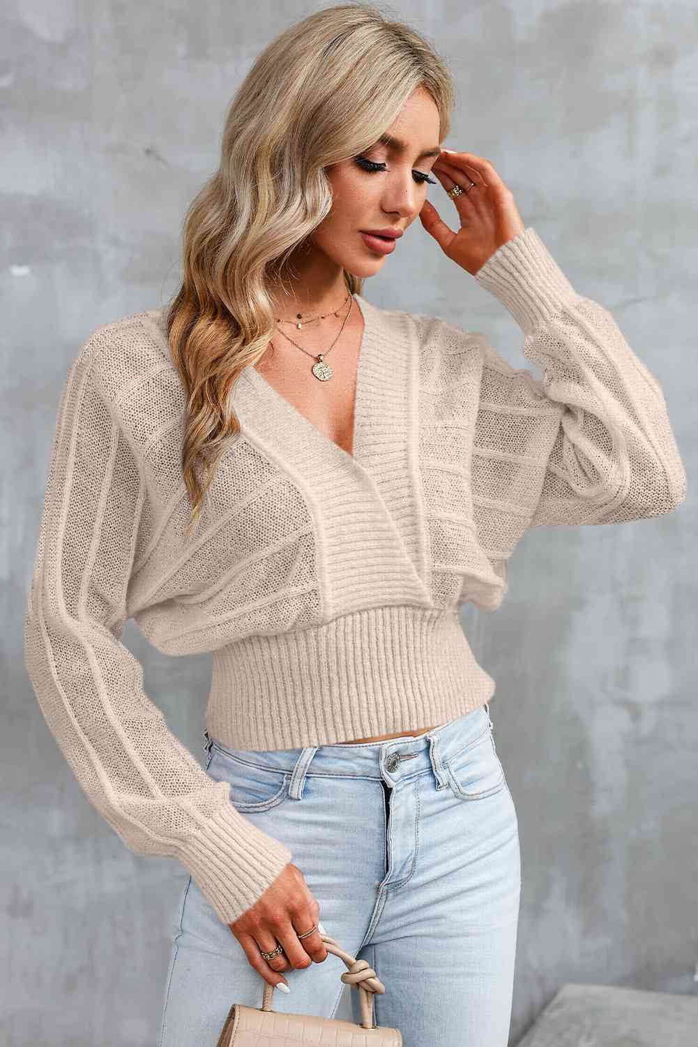 Surplice Neck Lace-Up Sweater Trendsi
