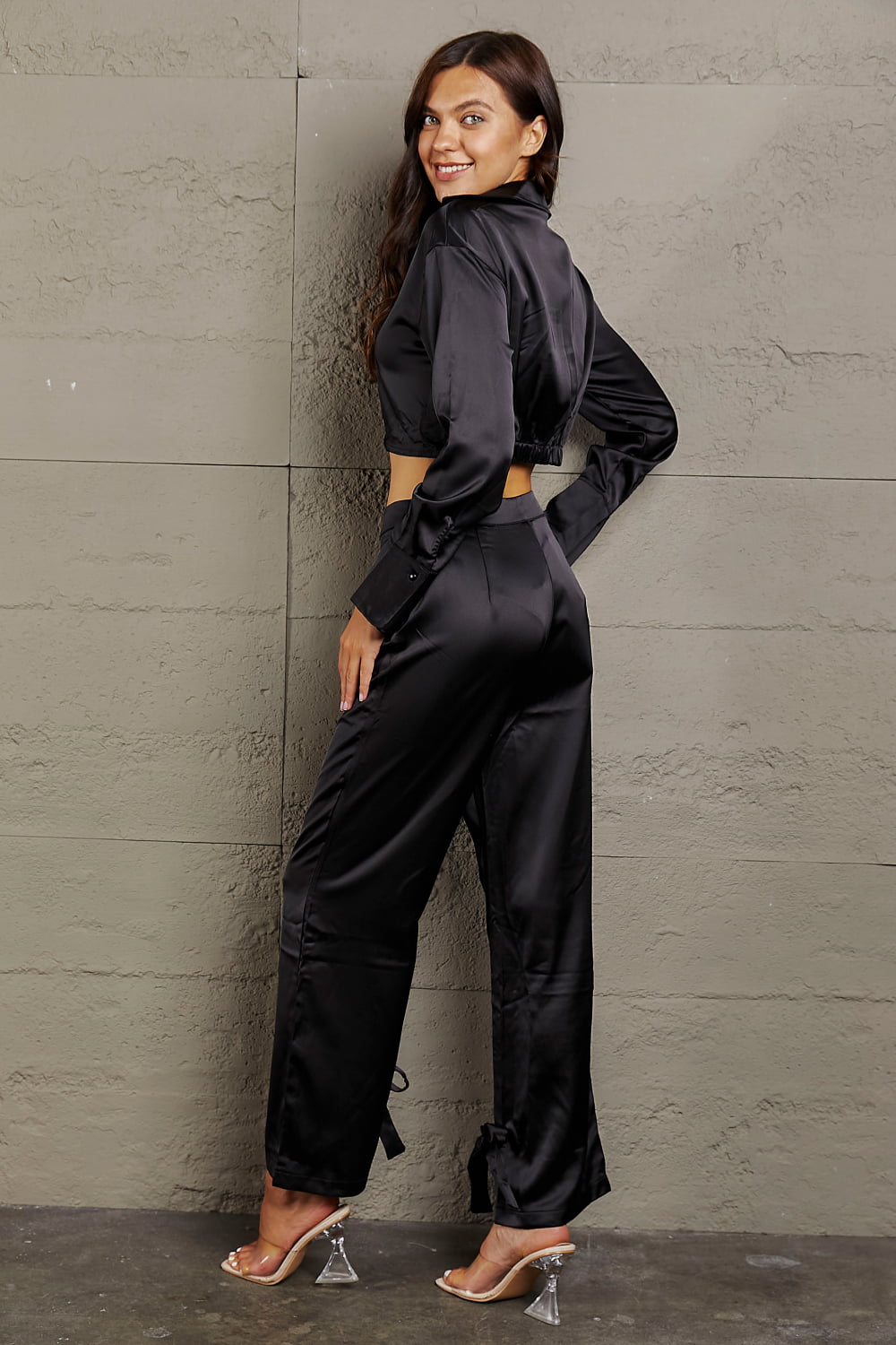 Long Sleeve Cropped Blouse and Tie Detail Long Pants Set Trendsi
