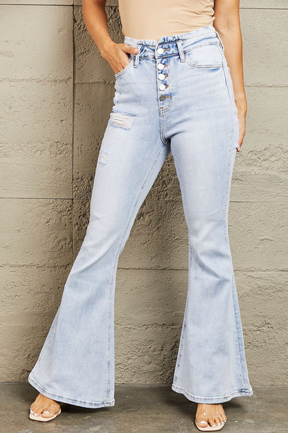 BAYEAS High Waisted Button Fly Flare Jeans Trendsi